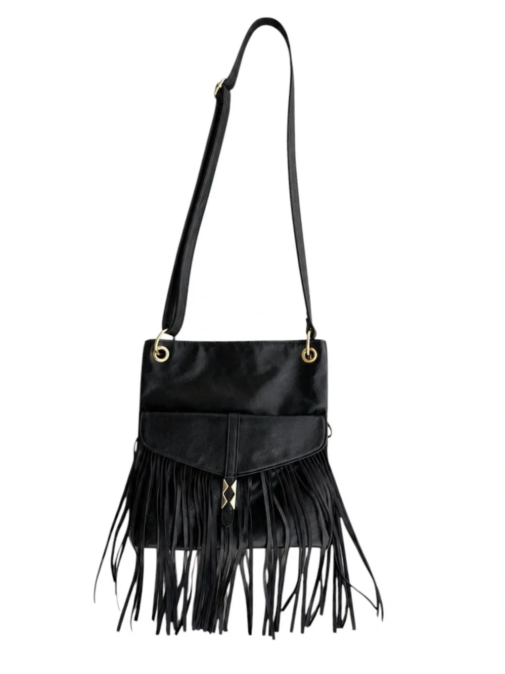 Madden Girl Black Faux Leather Fringe Adjustable Crossbody Purse Y2K Western